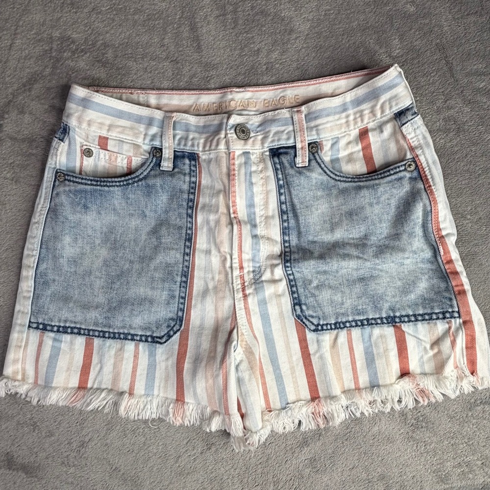 American Eagle Denim Shorts Women Jean flag Striped Patch Pocket Frayed Hem 28"